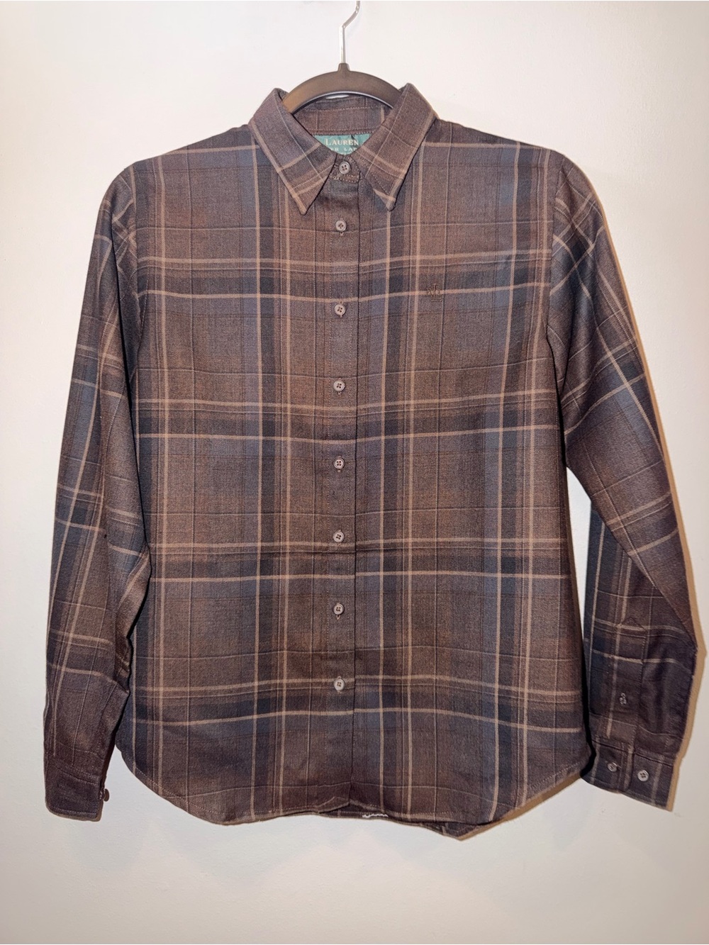 Lauren Ralph Lauren 100% wool Brown Plaid Button-Down Shirt with Slate Accents
